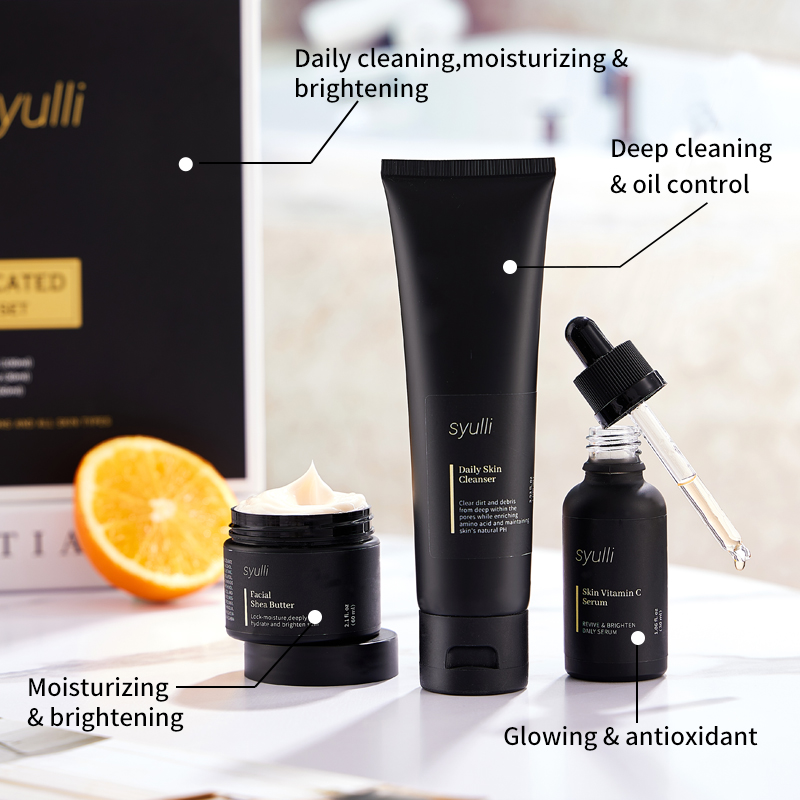 自有品牌天然有机抗衰老产品 VC 面部护肤霜精华洁面乳 3 件套男士护肤套装